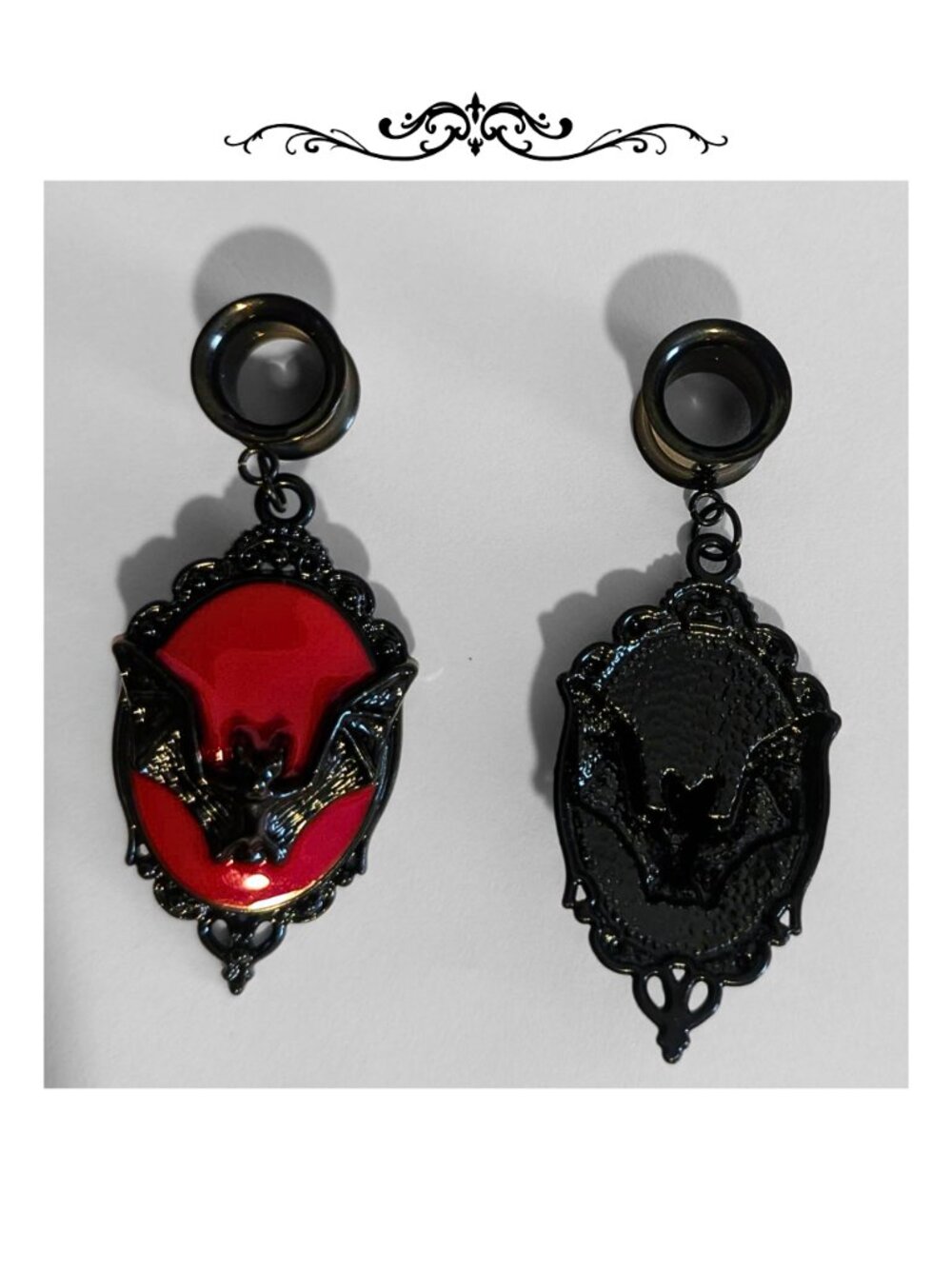 Handmade 00G / 10mm Victorian Goth Vampire Bat Dangle Tunnels Spooky Cameo Plugs